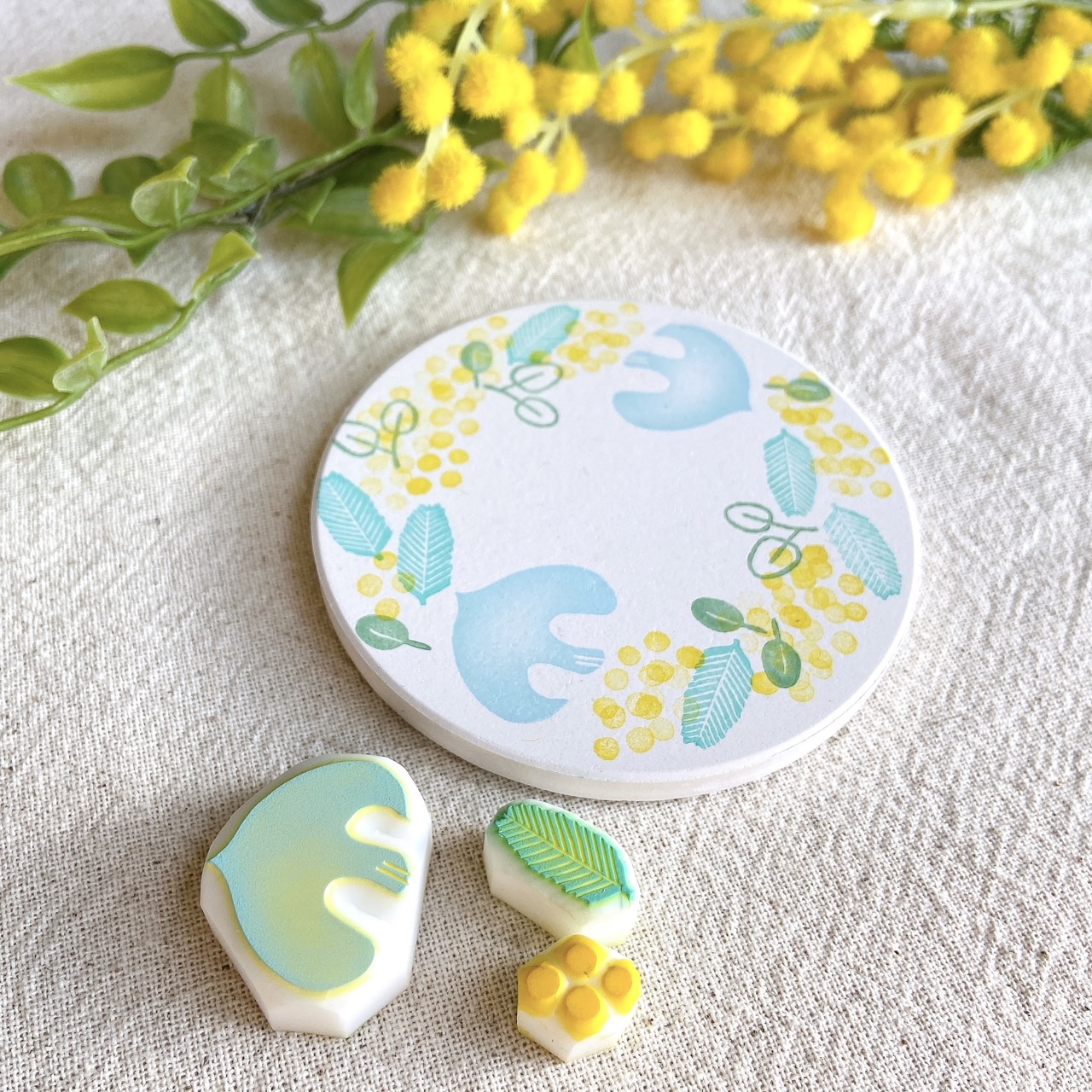 Keitto Oppi】消しゴムはんこ♪彫る＆捺す～ミモザのデザイン